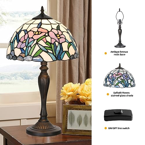 TL0004 Tiffany Table Lamp Stained Glass Bedside Lamp Daffodfil Flowers Design Reading Desk Light 12X21.5 Inches for Bedroom Living Room Home Office