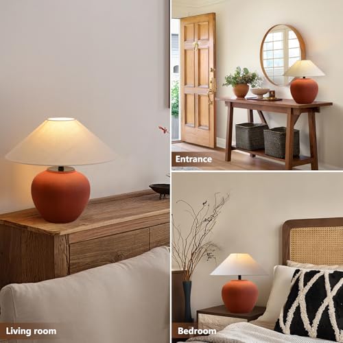 Farmhouse Table Lamp Red 18.8" Ceramic Table Lamp Southwestern Natural Red Clay Pot Lampbody with Beige Linen Shade Nightstand Lamp for Bedroom Living Room Entryway