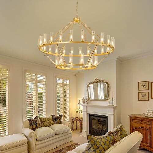63 Inch Large Gold Wagon Wheel Chandelier with Clear Glass Shade 2 Tier 36