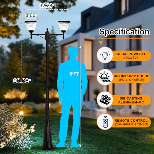 2 Head Solar Lamp Post Light with Dusk to Dawn Sensor