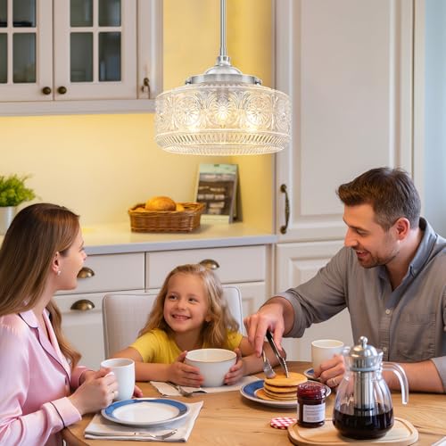 Brushed Nickel 3 Light Pendant Light for Kitchen Island with Etched Glass