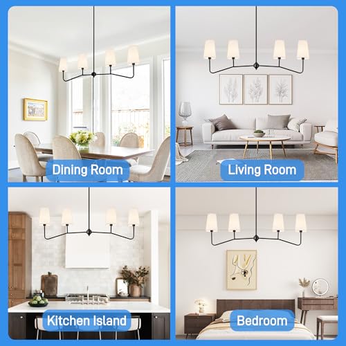 47" Modern Linear Chandelier, 4-Light Black Pendant Light with Fabric Shades, Adjustable Height Ceiling Light Fixture for Kitchen Island, Dining Room, Living Room, Bedroom, ETL Listed