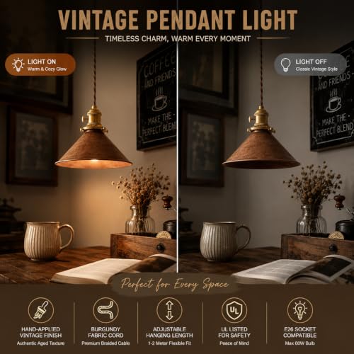 Rusted Copper Kitchen Hanging Lights 8.2 Inch Industrial Lampshade Retro Farmhouse Pendant Light for Bedroom Barn and Bar Foyer Lighting Fixtures 2 Pack