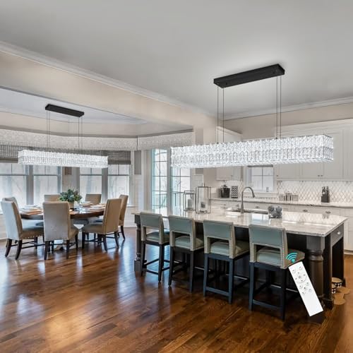 Rectangular Crystal Chandelier with Dimmable LED Lights Dining Room Remote Ceiling Pendants Lighting Fixtures for Kitchen Island Matte Black
