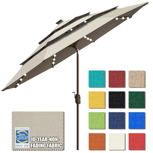 USA 10-Year-Non-Fading 9ft 3-Tier Market Patio Umbrella, Commercial Table Umbrella with 80 Solar LED Lights, Crank Open, Windproof & UPF 50+ UV Protection for Garden, Deck, Pool, Backyard, Antique Beige