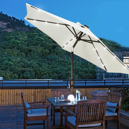 7.5 ft Solar Umbrella 18 LED Lighted Patio Umbrella Table Market Umbrella with Tilt and Crank Outdoor Umbrella for Garden