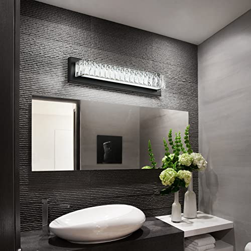 Bathroom Light Fixtures 23 Inch Modern Crystal Vanity Light LED Black Wall Sconce for Bathroom Vanity Mirror Lights Cool White 6000K