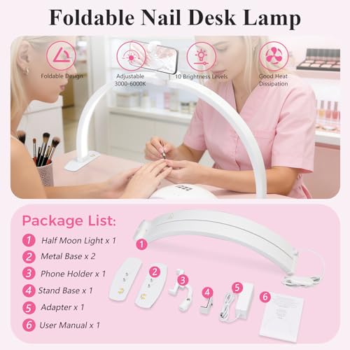 Half Moon Light for Nail Desk with Phone Holder 29" Foldable LED Nail Tech Light 3 Color Modes & 10 Brightness Half Moon Lamp for Manicure Table
