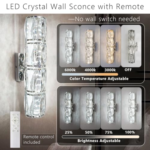 Crystal Wall Sconce Dimmable LED with Remote for Bedroom Bathroom