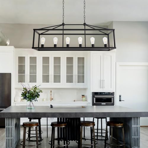 Modern Rectangle Chandelier 6 Light Black Industrial Vintage Kitchen Island Lighting Fixture Hanging Pendant Lamp Farmhouse Metal Cage Ceiling Light Fixtures for Living Room Dining Room Foyer