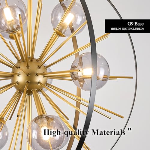 24" 9 Light Black Gold Sputnik Chandeliers with Smoke Glass Shade