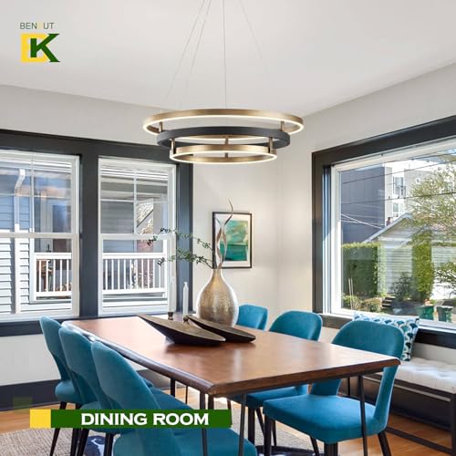Modern LED Chandelier Black Gold Dimmable 3 Ring Pendant Light for Dining Room