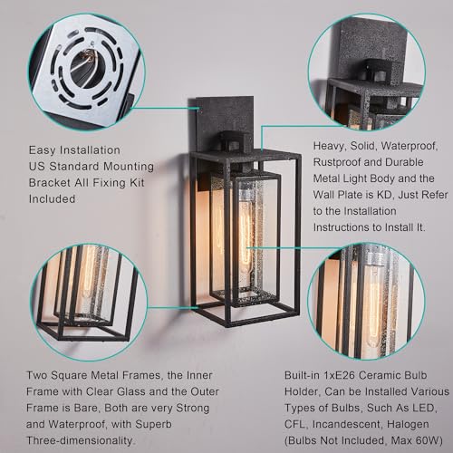 18"Ht Modern Industrial Outdoor Wall Light Fixture with Textured Black Anti