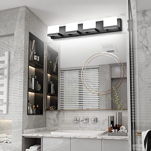 Dimmable Black LED Vanity Light for Bathroom Up and Down 4 Lights Black Modern Bathroom Wall Light Fixtures Over Mirror
