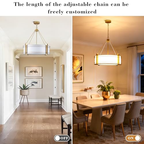 20.4'' Gold Drum Chandelier with White Linen Fabric Shade