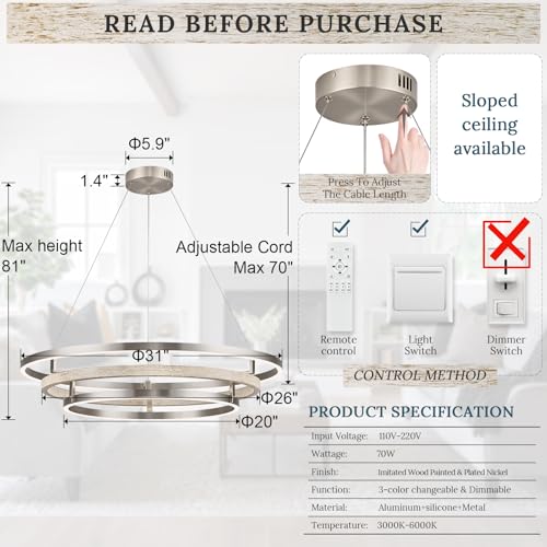 3 Ring LED Chandelier Modern Chandelier Weathered Wood Nickel Dimmable 31''