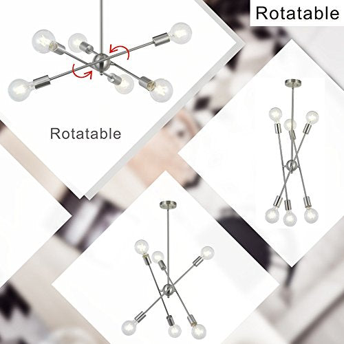 Sputnik Chandelier 6 Lights Modern Pendant Lighting Brushed Nickel Mid Century Flush Mount Ceiling Light Fixture by UL Listed