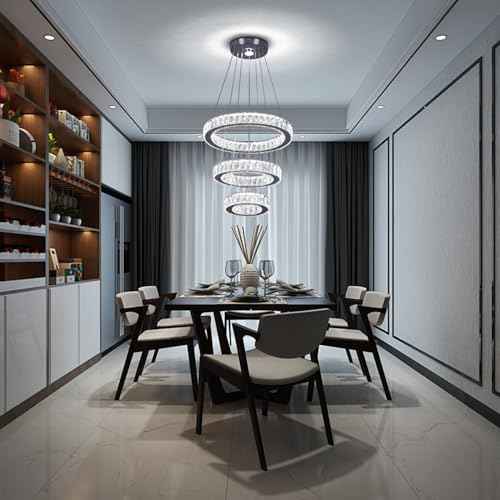 Finktonglan 3-Ring Round Crystal LED Chandelier, 52W 6500K Cool White | 15.6-Inch K9 Crystal Rings, Adjustable Height and Shape, Non-Dimmable Pendant for Dining Room, Living Room and Foyer