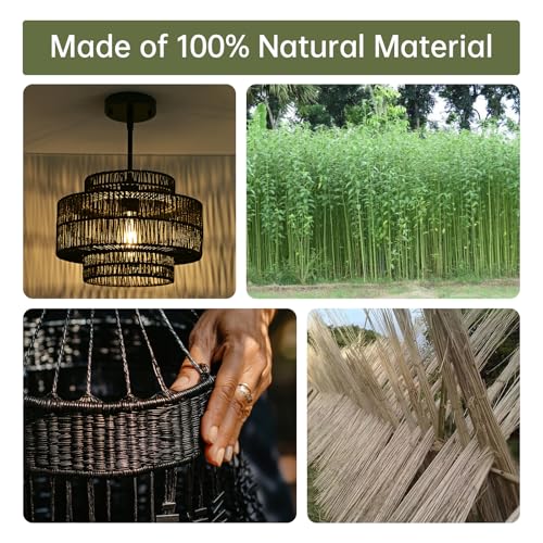 12.4" Black Rattan Pendant Light for Kitchen
