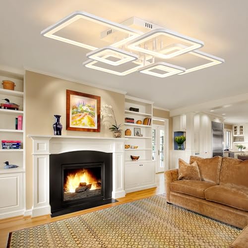 Modern LED Ceiling Lights for Bedroom Dimmable Modern 6 Ring Square Ceiling Lights for Living Room with Remote Control White Bedroom Ceiling Lamp Fixures for Kitchen
