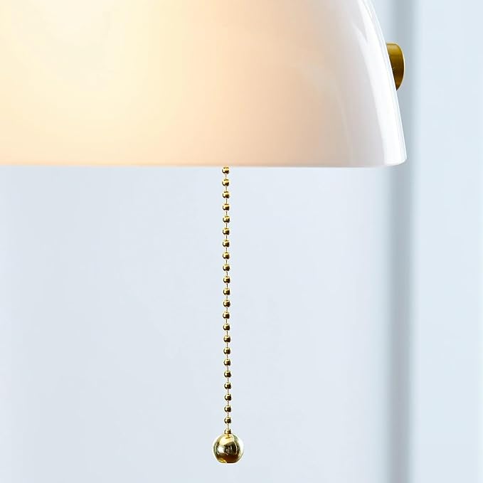 Vintage Bankers Desk Lamp with White Glass Shade, Classic Table Lamp with Pull Chain Switch, Retro Bedside Reading Light for Home Office or Study Room, Gold Metal Base