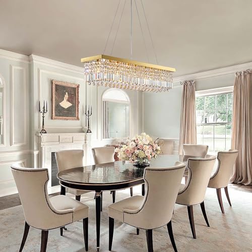 Rectangle K9 Crystal Chandelier Modern Gold Crystal Chandelier Rectangular Pendant Lighting Fixture for Dining Room Kitchen Island Bedroom L40'' x W10'' x H10''