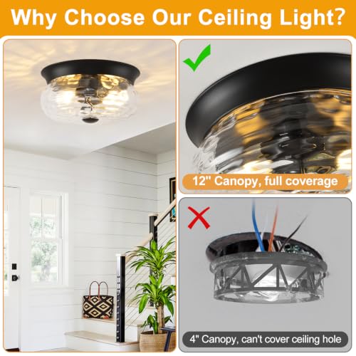 Black Flush Mount Ceiling Light Fixtures (Matte Black-Clear Hammered Glass(No Assembly Required))