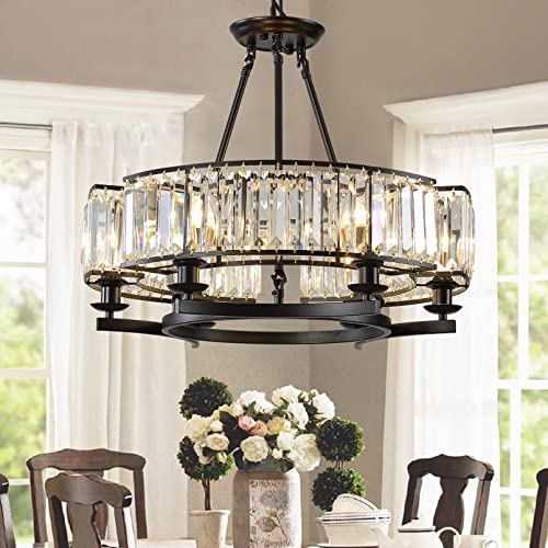 Vintage Crystal Chandelier Black Hanging Light Fixture 24in 6 Lights