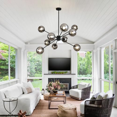 10 Lights Black Sputnik Chandelier Adjustable Modern Large Globe Pendant Hanging Light Mid Century Smoke Grey Glass Sputnik Lights Contemporary Chandelier Dining Room Light Fixtures Over Table