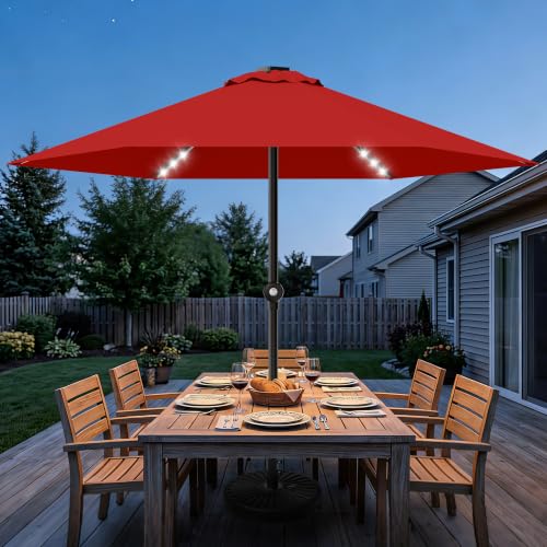 Patio Umbrella 9FT Solar Lights Push Up Outdoor Market Umbrella Red
