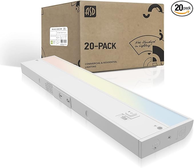 ASD 20 Pack 12 Inch LED Under Cabinet Lighting Plug in or Hardwired, High/Low/Off Switch, 5W 120V 3 CCT 2700K/3000K/4000K CRI90+, Triac Dimmable Linkable Under Counter Lights for Kitchen, ETL, White