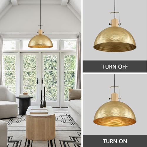 16 Inch Gold Pendant Lights Hammered Matte Pendant Lights for Kitchen Island Industrial Farmhouse Adjustable Height Dome Hanging Light Fixtures for Barn