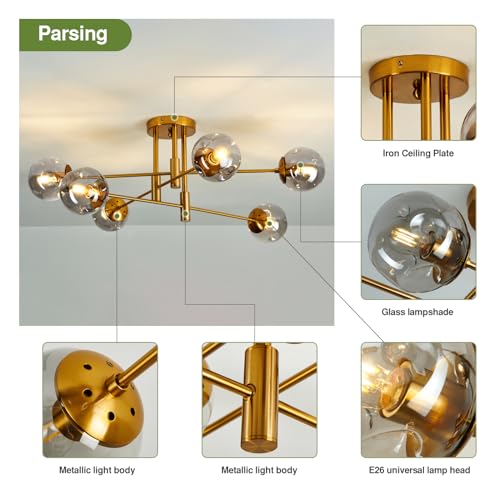 6 Lights Glass Globe Chandelier Modern Flush Mount Ceiling Light Fixture Gold Farmhouse Lighting for Dining Room Living Room Bedroom Kitchen Passageway