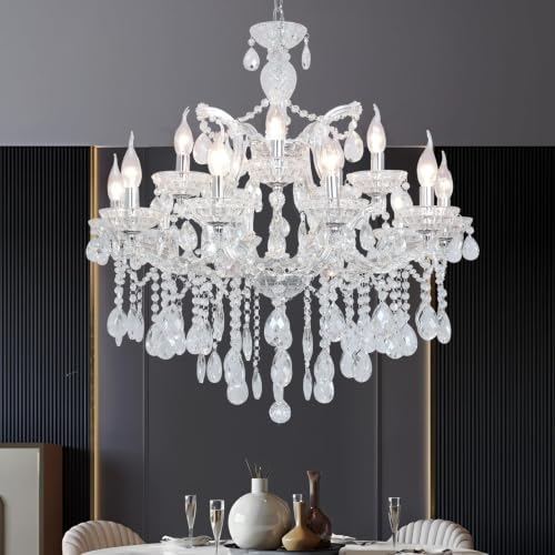 Modern Maria Theresa Chandelier 2 Layers 15 Lights Large Crystal Chandeliers for High Ceiling Dining Room