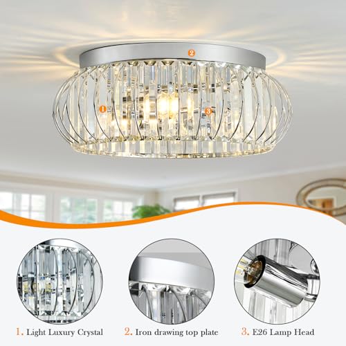 3 Light Flush Mount Ceiling Light Fixtures Modern Crystal Chandelier Chrome Chandelier for Hallway Bedroom Bathroom Foyer Entryway Laundry Room Kitchen