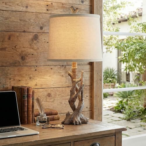 23" Rustic Farmhouse Table Lamp Country Cottage Lamps for Nightstand Tree Trunk Wood Grain Lamp for Bedroom Living Room with Oatmeal Fabric Round Shade Resin Bedside Lamp (2 Count)