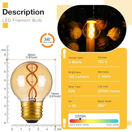 E26 Amber Edison Light Bulb 25 Watt Equal 3W G16.5 LED Bulbs (6 Count)