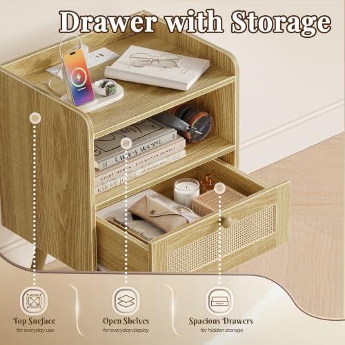 Nightstand with Charging Station & Rattan