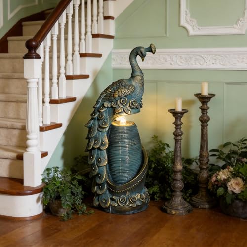 Peacock Outdoor Water Fountain 32" H Cascading Waterfall Fountain with LED Lights & Pump Tiered Water Feature for Garden