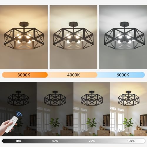 30W Semi Flush Mount Ceiling Light with Remote 19.7" Hexagon Black