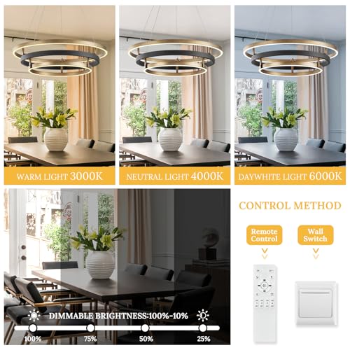 3 Ring LED Chandelier Modern Chandeliers Black Gold Brass Dimmable 24''