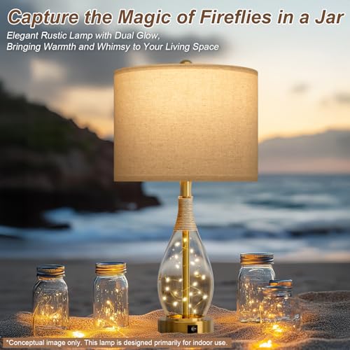 23" Table Lamps for Living Room Set of 2 Bedside Lamps for Night Stands Bedroom Lamps Farmhouse Rattan Boho Lamp Glass Nightlight End Table Lamp with USB C+A (2 Count)