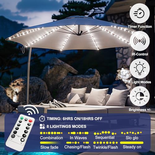Patio Umbrella Lights Cordless 120 LED Table Umbrella Lights with Remote Control Battery Operated Waterproof Parasol String Lights for 7