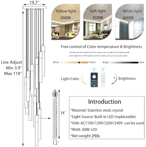 12 Lights Modern Chandeliers for Entryway High Ceiling Chandelier LED Dimmable Long Lights Fixture Pendants Lighting Crystal Chandeliers for Hallway Foyer Living Room Silver Finished Lighting