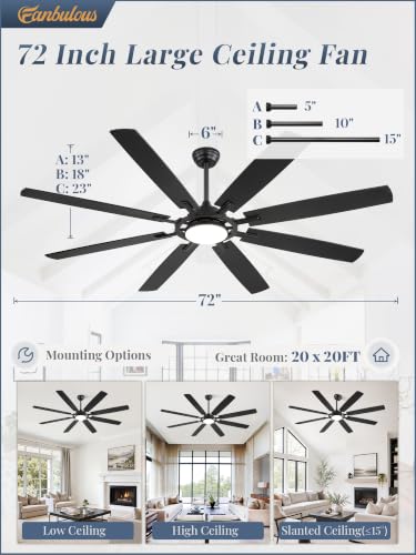 72 Inch Black Ceiling Fans with 3CCT Lights and Remote (Black / 72")