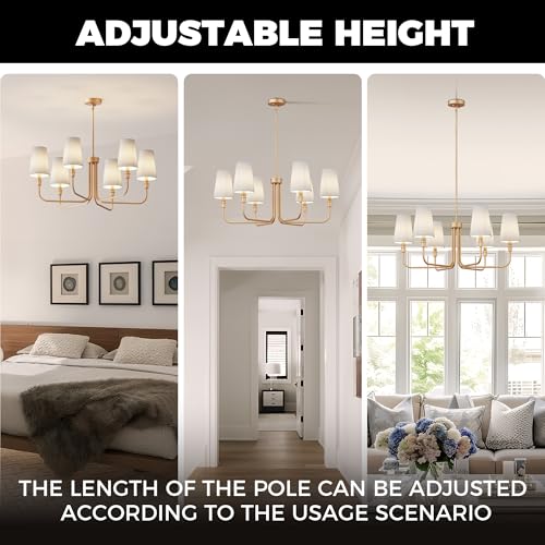 6-Light Chandelier for Dining Room Light Fixture Over Table, 33.86" Modern Muted Gold Chandelier with White Fabric Shade, Adjustable Hanging Light Fixture for Kitchen Dining Room