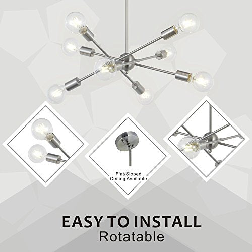 8 Lights Modern Sputnik Chandelier Lighting with Adjustable Arms Mid Century Pendant Light Vintage Industrial Ceiling Light Fixture Brushed Nickel