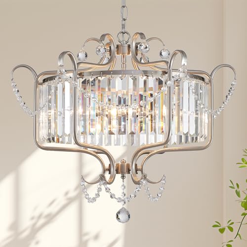 Modern Crystal Chandelier for Dining Room 24" Brushed Nickel Light Fixtures 6 (6 Count)