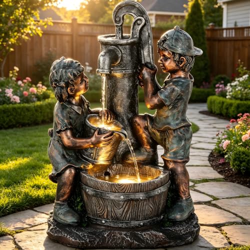 26" Boy and Girl Outdoor Fountain LED 3