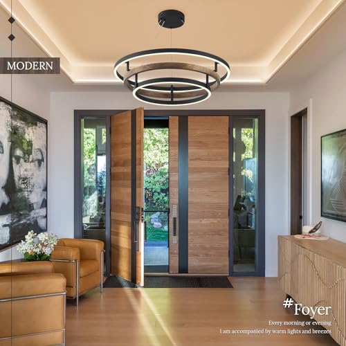 3 Ring LED Chandelier Modern Chandeliers Walnut Wood Black Dimmable 24''